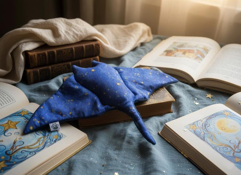 K&ouml;nnte beinhalten: Ein blaues Pl&uuml;sch-Stachelrochen-Spielzeug mit goldenen Sternen liegt auf einem alten Buch. Das Spielzeug liegt auf einer blauen Stoffoberfl&auml;che, umgeben von offenen B&uuml;chern mit Illustrationen. Ein Stapel alter B&uuml;cher und ein wei&szlig;es Tuch befinden sich im Hintergrund.