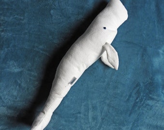Big stuffed white sperm whale, handmade albino sperm whale plushie, soft cuddle stuffed animal, ocean plush decoration, newborn doudou