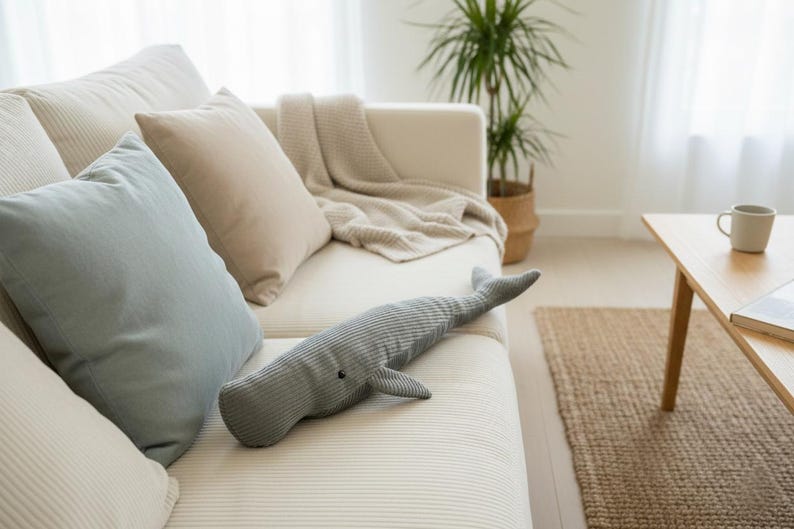 K&ouml;nnte beinhalten: Ein graues Wal-Kissen aus Cord liegt auf einem wei&szlig;en Sofa, zusammen mit hellblauen und beigen Kissen. Eine beige Decke ist &uuml;ber das Sofa drapiert. Ein Holztisch und ein gewebter Teppich befinden sich im Hintergrund.