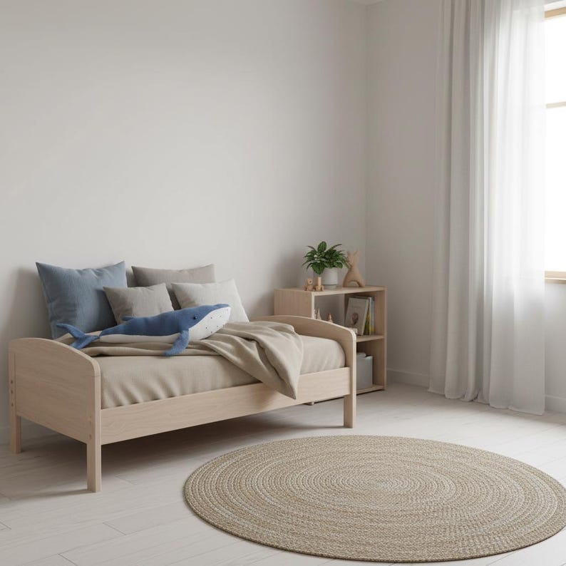 Peut inclure: Un lit en bois clair avec un matelas beige, des oreillers et une couverture. Un jouet en peluche baleine bleue repose sur le lit. Un tapis rond beige tress&eacute; est pos&eacute; sur le sol. Une petite table de chevet en bois avec une plante et des livres est visible.