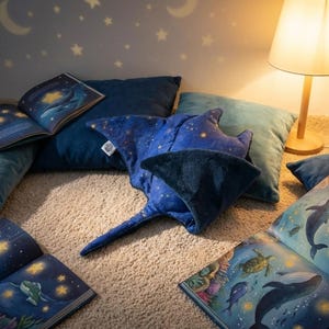 K&ouml;nnte beinhalten: Eine gem&uuml;tliche Szene mit einem blauen Stechrochen-Kissen, umgeben von weichen blauen Kissen und offenen Bilderb&uuml;chern. Die B&uuml;cher zeigen Illustrationen von Walen und Sternen. Eine warme Lampe beleuchtet die Szene, mit einem Sternenhimmel, der an die Wand projiziert wird.