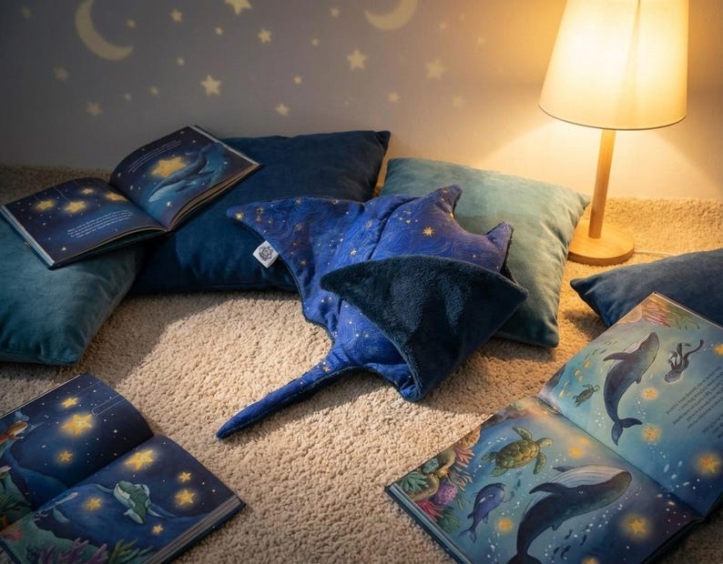 K&ouml;nnte beinhalten: Eine gem&uuml;tliche Szene mit einem blauen Stechrochen-Kissen, umgeben von weichen blauen Kissen und offenen Bilderb&uuml;chern. Die B&uuml;cher zeigen Illustrationen von Walen und Sternen. Eine warme Lampe beleuchtet die Szene, mit einem Sternenhimmel, der an die Wand projiziert wird.