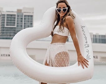 Personalised White Heart Pool Float | Bridal Party Decor, Rubber Ring, Beach, Pool Party, Vacation, Holiday, Honeymoon, Inflatable