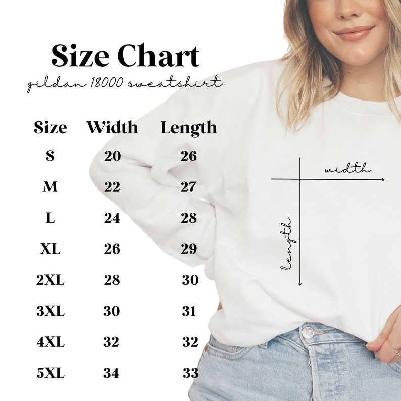 May include: A size chart for a Gildan 18000 sweatshirt, with measurements in inches. The chart lists sizes S through 5XL, with corresponding width and length measurements. The text "Size Chart" is at the top.