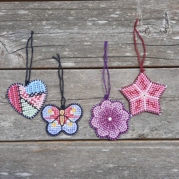 Finished Counted Cross Stitch Ornaments - Heart and Butterfly or Flower and Star