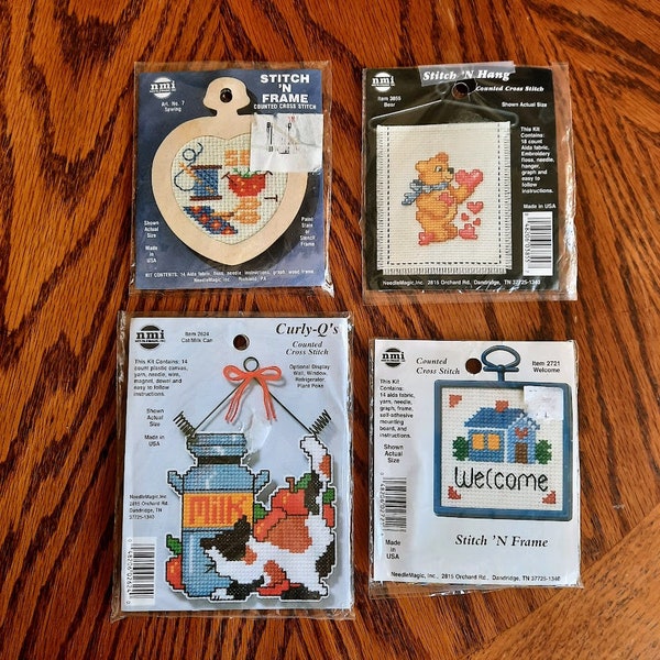 Set of 4 nmi NeedleMagic, Inc Counted Cross Stitch Kits - Sewing, Bear, Cat/Milk Can, Welcome