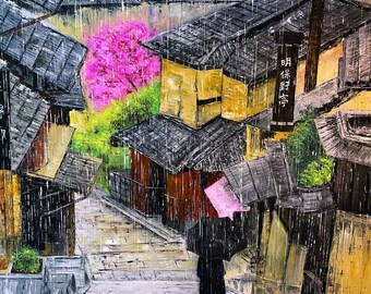 Rua de Kyoto sob a chuva (pintura a óleo)