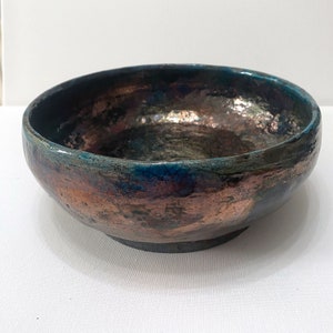 Raku fired copper and blue metallic large bowl