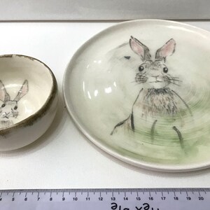 Handmade bowl and plate set with hand painted rabbit
