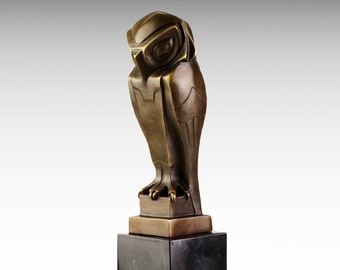 Bronze Sculpture of Owl, Art Deco Style, Bronze Statue Marble Base, Gift Idea, Wisdom Symbol Art Animal Figurine, Bauhaus Cubist Bird Figure