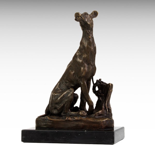 Statue de chien en bronze sur socle en marbre, Statue de chien en bronze, sculpture de chien assis, Figurine animale, Art moderne, Design d'intérieur, Décoration de chasse, Cadeau