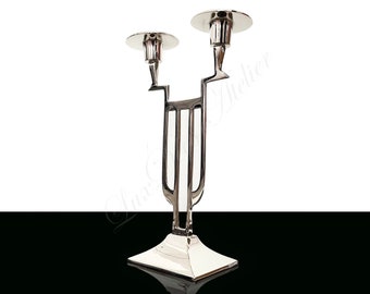 Elegant Aluminium Candle Holder, Art Deco Candlestick Holder, Silver Color Two Arms Candelabra Centerpiece Mid Century Modern MCM Bauhaus