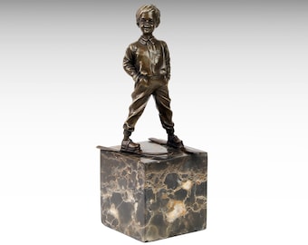 Bronze Ski Sculpture of Skier Boy on Marble Base, Ski Boy Bronze Statue Ski Ornament, Sport Trophy Ski House Decor Skiing Housewarming Gift