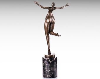 Grote bronzen sculptuur van poserende vrouw, modern bronzen beeld op marmeren voet, bronzen vrouwelijk standbeeld abstracte kunst bochtige lichaam danser standbeeld cadeau