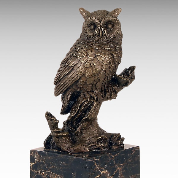 Statue en bronze de hibou, sculpture en bronze sur socle en marbre, statue en bronze de hibou sur une branche, symbole de sagesse, art animalier, oiseau, figurine animalière, idée cadeau