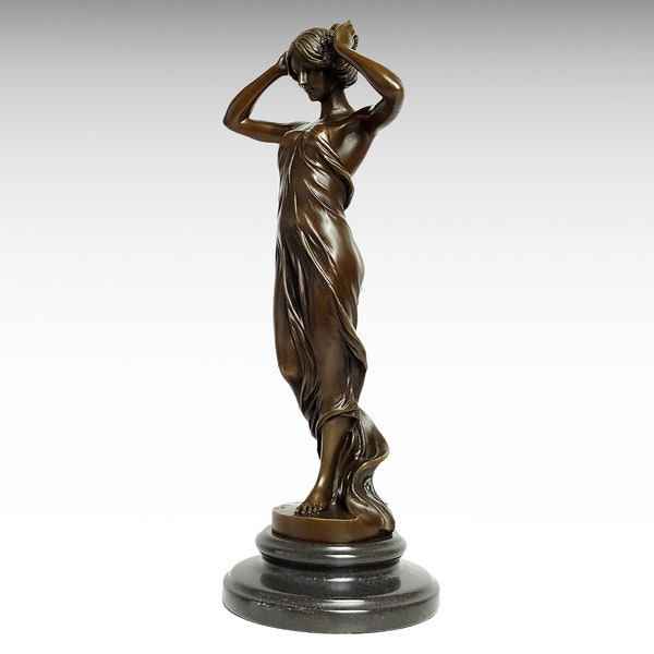 Sculpture en bronze de jolie femme nymphe, grande figurine sur socle en marbre, sculpture d'art de style classique, idée cadeau de design d'intérieur Statue en bronze