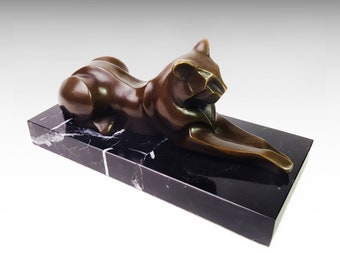 Cat Bronze Sculpture on Marble Base, Art Deco Bronze Statue, Mid Century Modern Animal Figurine, Cubist Modernist Sphinx Panther Gift Idea