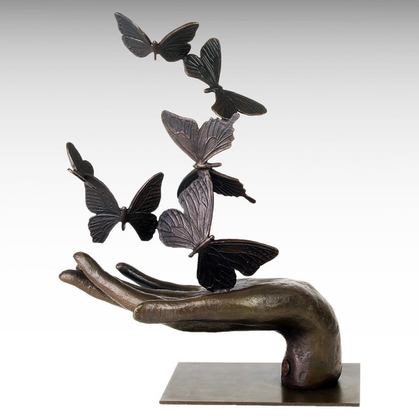 Hand Unleashing Butterflies Bronze Sculpture, Large Modern Bronze Statue Freedom Symbol,  Butterfly Nature Art Wedding Gift Garden Sculpture