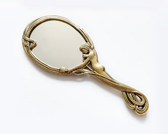 Miroir à main doré Art nouveau avec décor floral, miroir de courtoisie en laiton, miroir à main vintage avec poignée, miroir de maquillage à main, décoration d'intérieur bohème