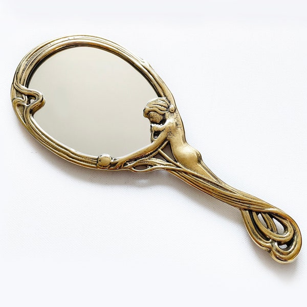 Miroir à main doré Art nouveau avec décor floral, miroir de courtoisie en laiton, miroir à main vintage avec poignée, miroir de maquillage à main, décoration d'intérieur bohème