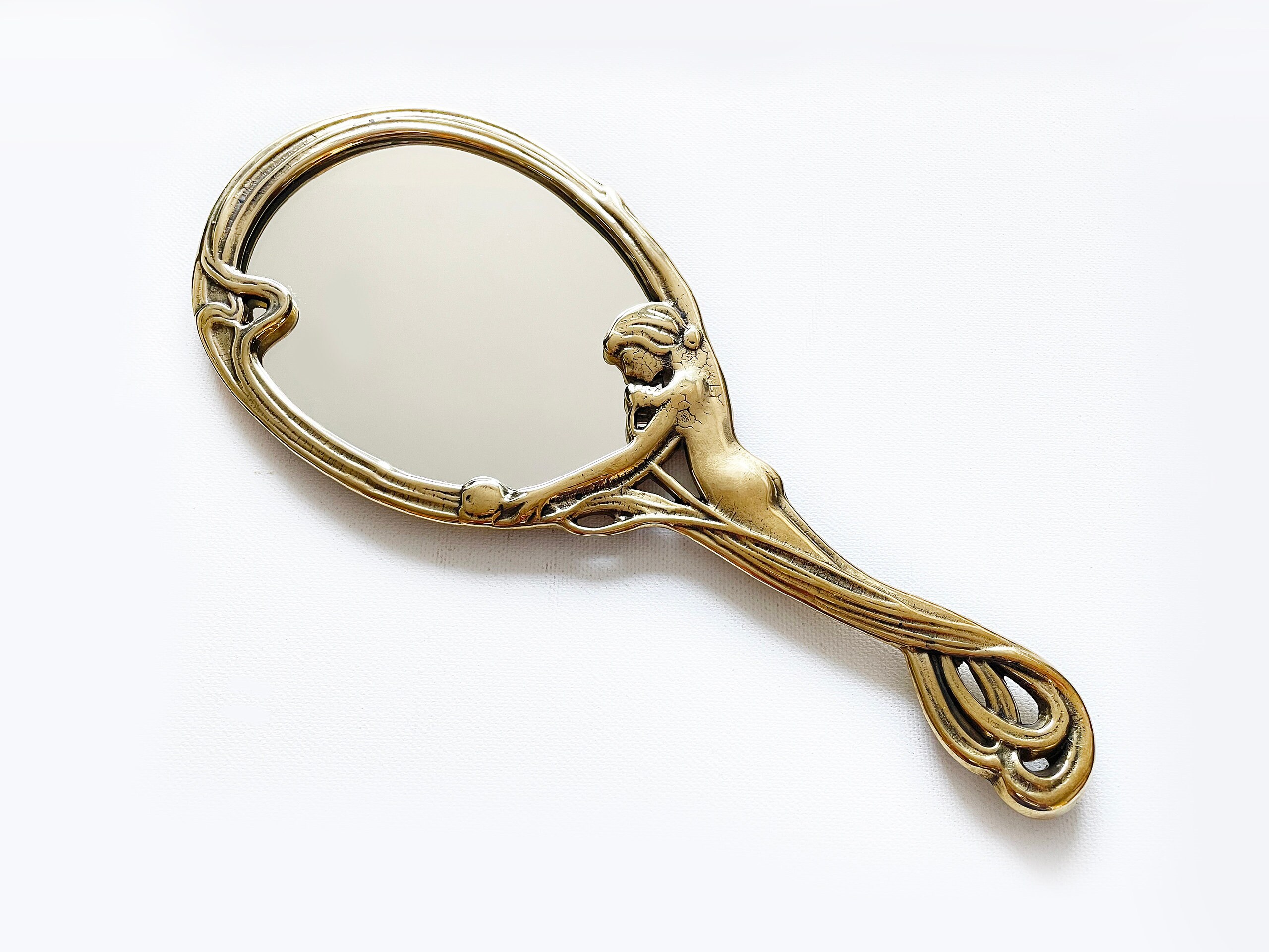 Art Nouveau Gold Hand Mirror With Floral Decor Brass Vanity Etsy
