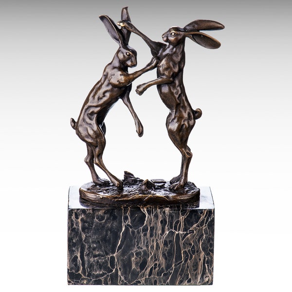 Sculpture en bronze de lièvres boxeurs, décor de figurine animale, statue de lapin en bronze sur socle en marbre, combat de lièvres, sculpture en métal, cadeau d'art