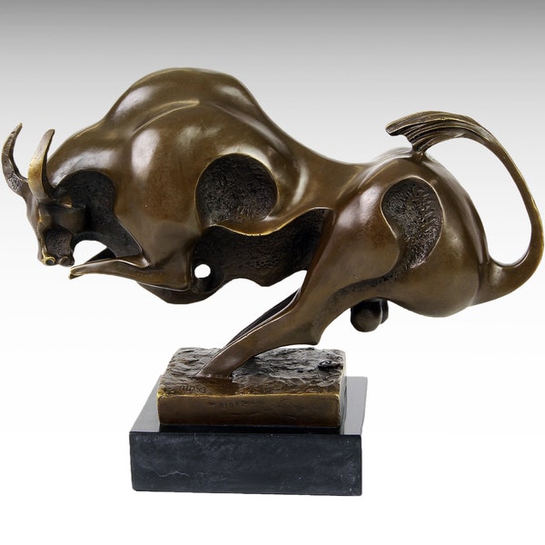 Grande statue abstraite de taureau en bronze, statue art déco, statue en bronze moderne sur socle en marbre, figurine animale, art contemporain, cadeaux personnalisés