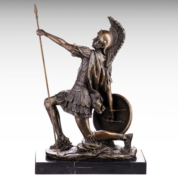 Grande sculpture en bronze d'Achille, statue en bronze de héros de la guerre de Troie sur base de marbre, statue grecque hoplite de guerrier spartiate grec, cadeau de décoration d'intérieur