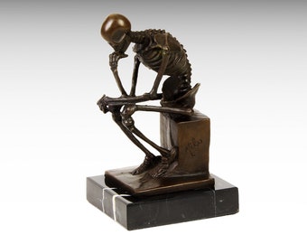 Bronze-Skelett der Denker-Statue, Bronze-Skulptur auf Marmorsockel, Vintage Wohnkultur Philosophie Geschenke Idee Anatomie Art Rodin Skulptur