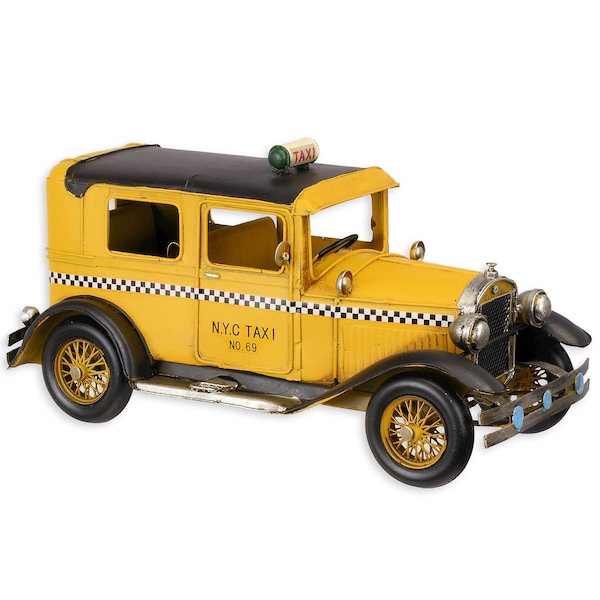 USA New York Taxi Metal Model, NYC Yellow Taxi American Cab, Oldtimer Car Model Toy Car Miniature Desktop Ornament Gift Idea for Taxi Driver