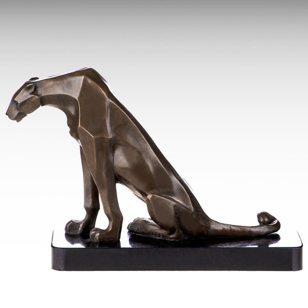 Modern Bronze Sculpture of Sitting Cougar, Panther Bronze Statue on Marble Base Animal Art Figurine Hollywood Regency Metal Sculpture Decor