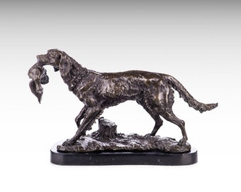 Grande sculpture en bronze de chien de chasse avec oiseau de faisan, statue en bronze sur base de marbre, art animalier figurine chasse décor cadeau pour chasseur