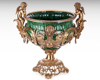 XXL Bronze Mounted Porcelain Vase with Cherub Angels, Green Ceramic Vase Large Unique Flower Pot Luxury Decor Art Nouveau Table Centerpiece