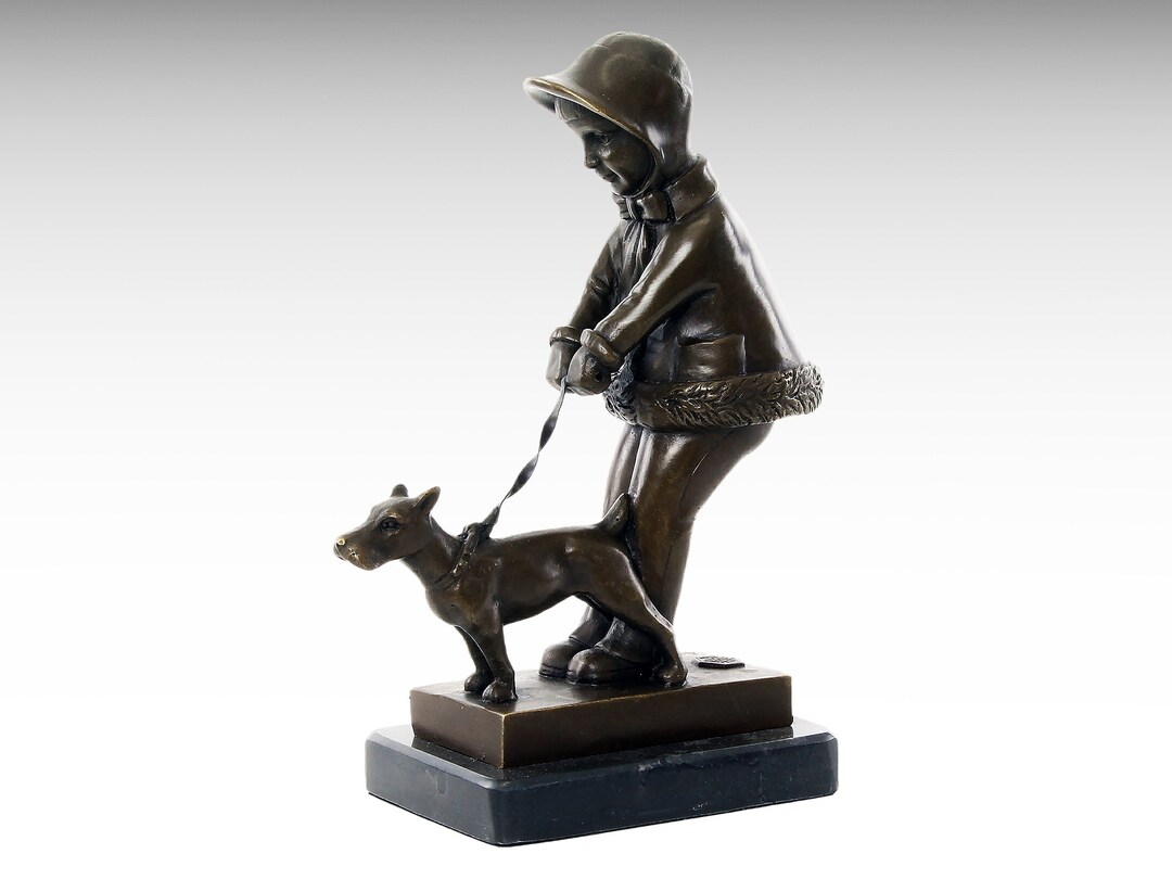 Bronze Sculpture of Young Girl With Dog, Modern Bronze Statue on Marble