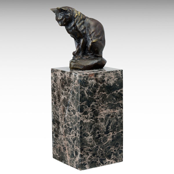 Sculpture en bronze d'une statue en bronze moderne de chat assis sur une base en marbre, idée cadeau de figurine d'animal de compagnie moderne du milieu du siècle, décoration d'intérieur de statue de chat