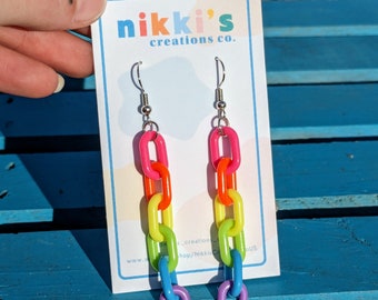 Rainbow Chain Earrings, Hypoallergenic Earrings, Chain Earrings, Colorful Earrings, Charm Earrings, Long, Dangle and Drop, Gift for Her