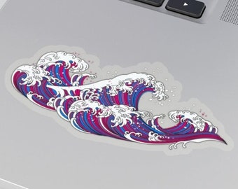 Pegatina bisexual, regalo de arte japonés, calcomanía para computadora portátil bisexual, mes del orgullo sutil, bonito regalo LGBT con ondas, botella de agua LGBTQ, Hydroflask para computadora portátil