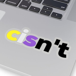 Può includere: Un adesivo con il testo "cisn't" in lettere nere. La "c" è gialla, la "i" è bianca e la "s" è viola. L'adesivo è su un laptop argentato.