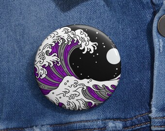 Botón de pin asexual, arte de olas japonés, regalo de colores de la bandera asexual, mes del orgullo sutil LGBTQ, asexualidad discreta, regalo de mochila LGBT, concientización