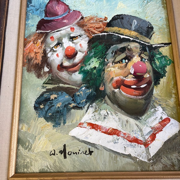 WILLIAM MONINET - artist  signed oil two clowns painting with beautiful vintage frame