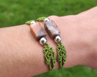 Jasper macrame bracelet, picasso jasper bracelet, hippie bracelet unisex, boho bracelet for couple, hand carved beads stone macrame bracelet