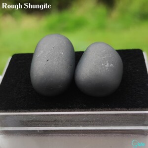 以下が含まれることがあります： 黒いベルベットの箱に入った、2つの粗いダークグレーのシュンガイト。箱は透明なプラスチック製で、底に「Gaia Hand Carved」と印刷されています。