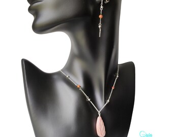 Jasper jewelry set, leaf crystal necklace and earrings, hand-carved stone jasper jewelry, pink necklace 925 silver, unique handmade crystal