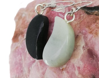 Guatemalan jade earrings, Yin yang crystal earrings, black and white jadeite handmade jewelry, hand-carved stone jade sterling silver 925
