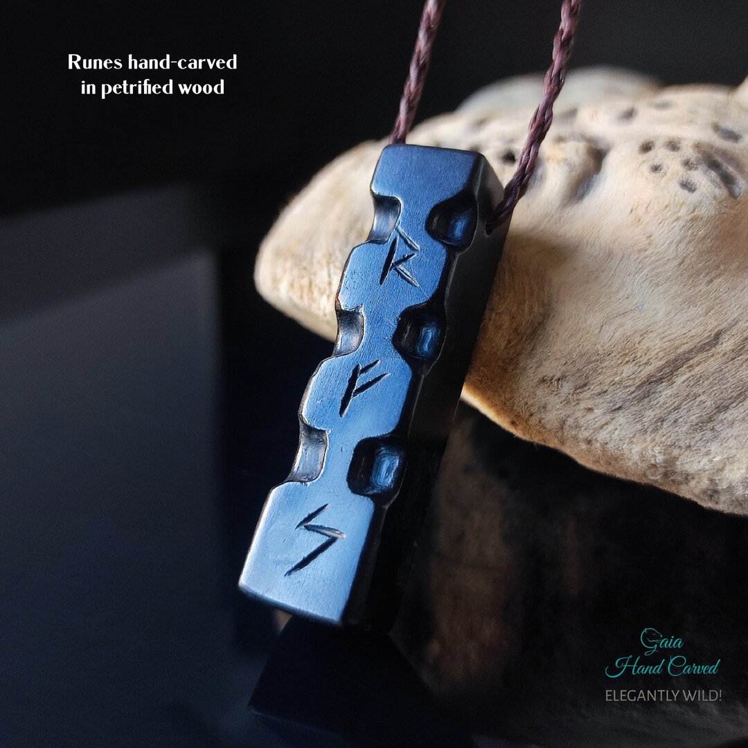 Raido Rune Amulet Necklace, Celtic Runes Petrified Wood Pendant ...