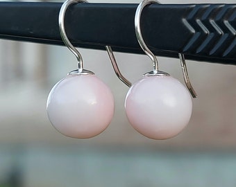 Hand-carved Pink Opal Ball / Sphere / Bead Earrings, Dangle and Drop Opal Earrings, Sterling Silver & Genuine Opal Jewellery, Gift For Her