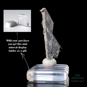 May include: A silver-colored mineral specimen with a rough, textured surface, displayed on a clear acrylic stand. The stand is on a black background. The text "Gaia Hand Carved ELEGANTLY WILD!" is visible in the lower right corner of the image.