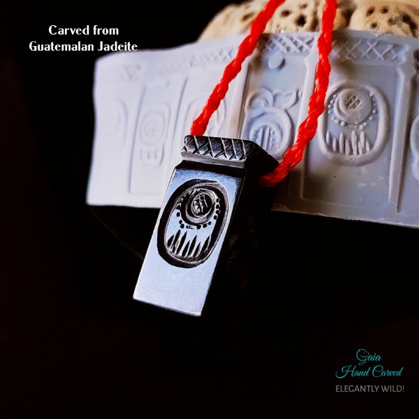 Guatemalan black jadeite jade necklace, Mayan glyph pendant carved into stamp, four elements hand-carved in stone, water earth air fire seal