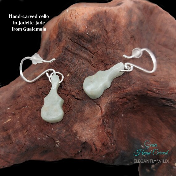 Guatemalan jadeite jade earrings, instrumental music crystal jewelry, hand-carved stone jade sterling silver 925, cello crystal gift earring