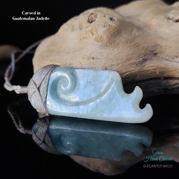 Stone wave pendant, Guatemalan jadeite carving, wave necklace ocean beach, koru jade pendant, Maori toki necklace, Celtic spiral necklace